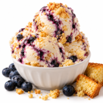 Ice cream of a vanilla base, swirled with blueberry preserves and cornbread pieces.