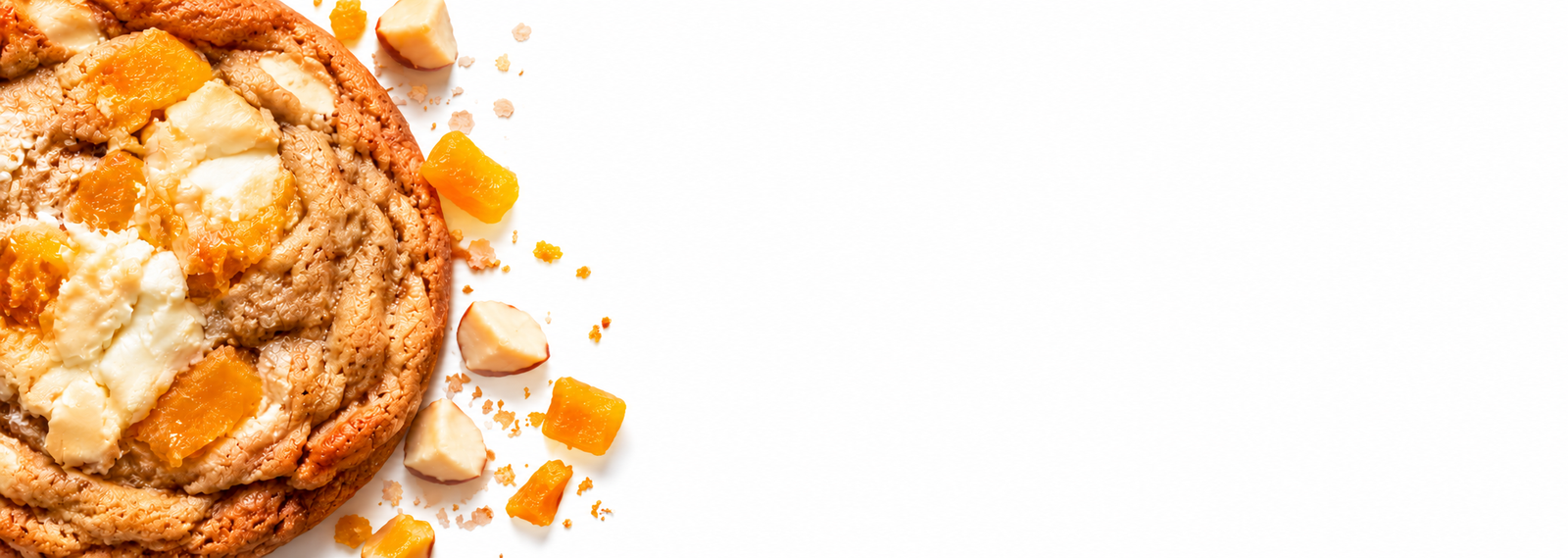 Mango white chocolate macadamia cookie menu header.