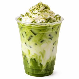 Iced matcha latte topped with whipped cream and dusted with matcha powder.