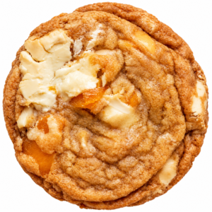 A white chocolate macadamia nut cookie with a tropical surprise of added chopped dried mangos.
