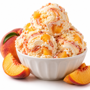 Ice cream with a vanilla, peach base swirled with peace preserves and fresh peaches right from Georgia.