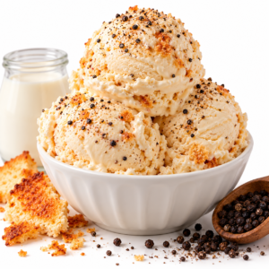 Toasted milk and a hint og vanilla ice cream, with black pepper and toasted milk powder with black pepper and a pinch of flakey salt sprinkled on top.