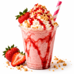 Blended strawberry milkshake topped with whipped cream, cookie crumble, strawberry syrup and a single berry.