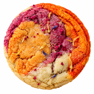 Grapefruit, Passionfruit, and Raspberry swirled sugar cookie. Topped with butterfly tea leaves.