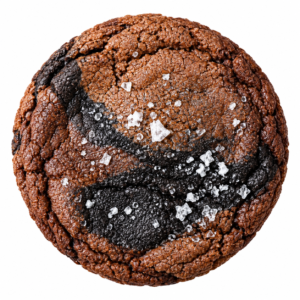Triple chocolate. Milk, semi, and dark chocolate swirled cookie topped with flakey salt.