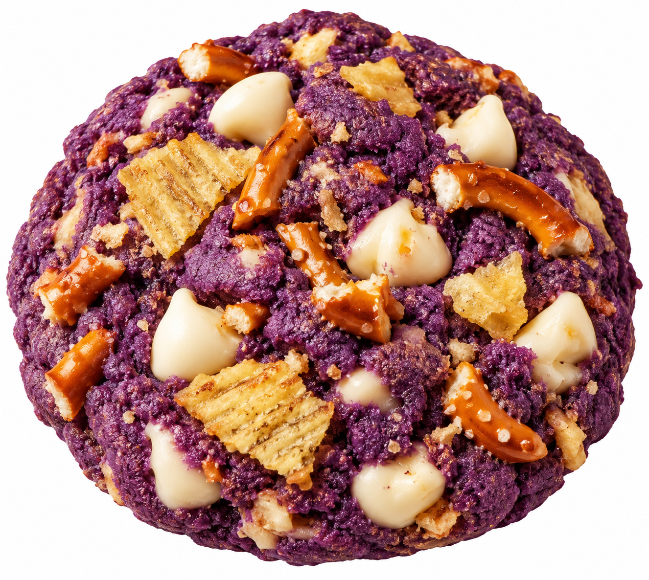 Ube white chocolate chip cookie with chips and pretzel bits.