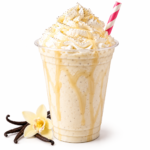 Vanilla bean milkshake topped with whipped cream, vanilla syrup, and dusted with vanilla bean powder.