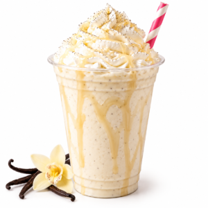 Vanilla bean milkshake topped with whipped cream, vanilla syrup, and dusted with vanilla bean powder.